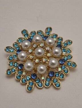 Source Unknown Gold Pearl & Turquoise Blue Crystal Floral Brooch